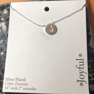 Initial J necklace. Silver plated with Cubic Zirconia.